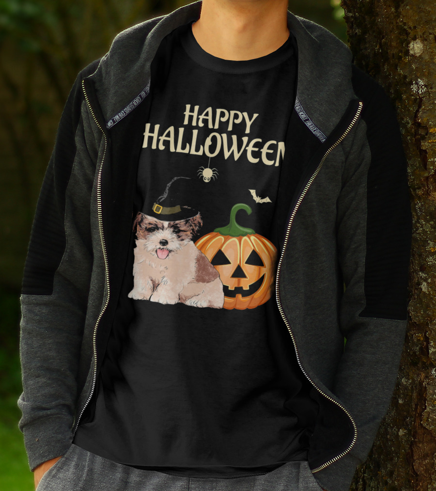 Happy Halloween Shih Tzu With Pumpkin And Witch Hat T-Shirt