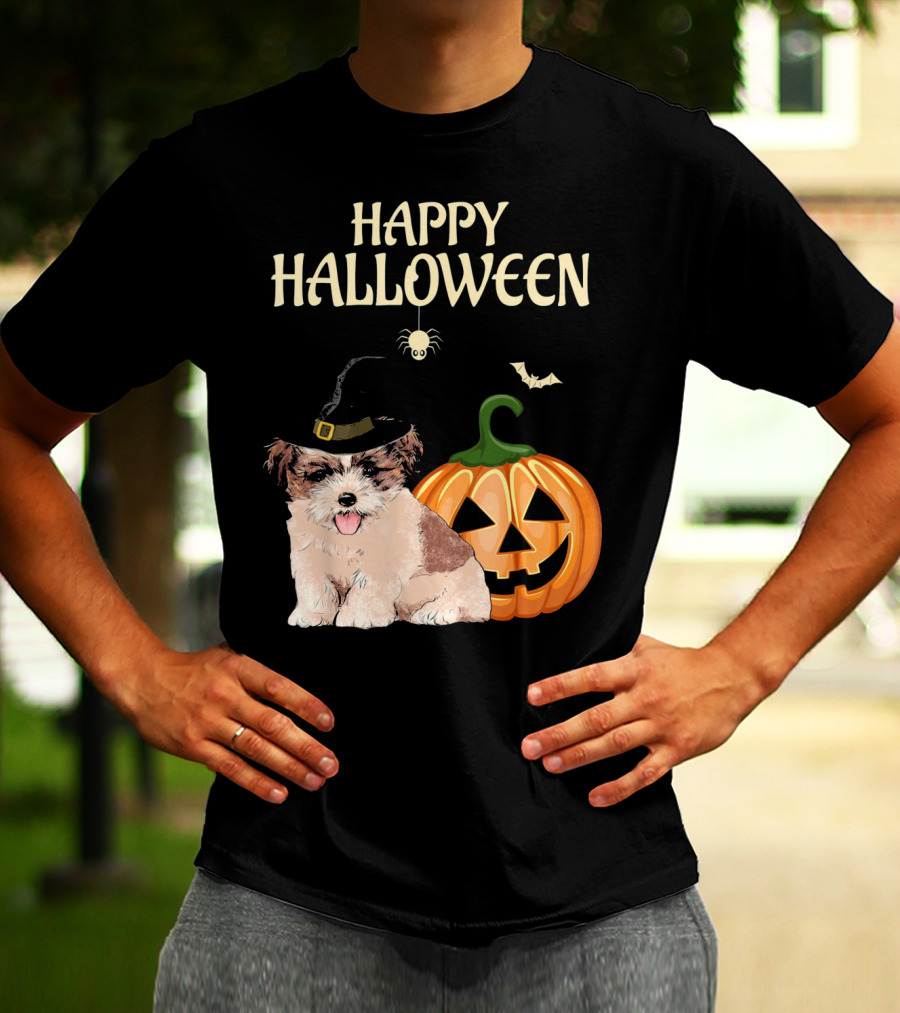 Happy Halloween Shih Tzu With Pumpkin And Witch Hat T-Shirt