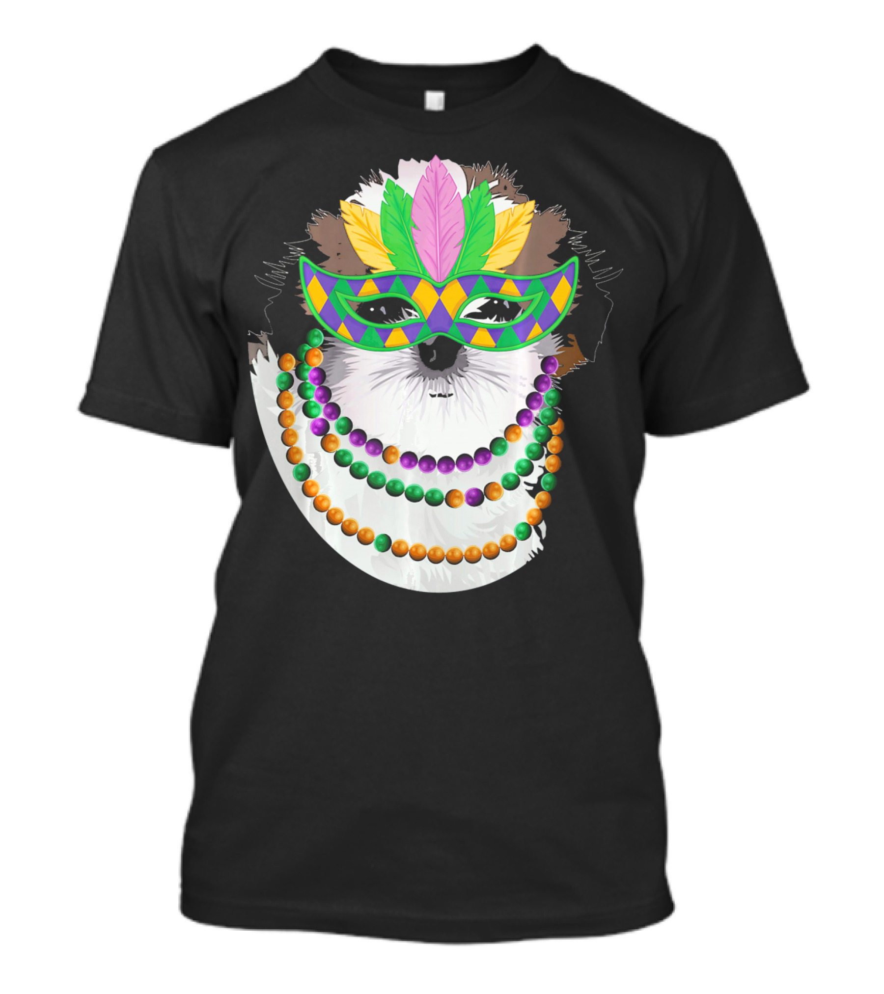 Funny Shih Tzu Mardi Gras Beads Necklace Mask With Colorful Feathered Mask T-Shirt