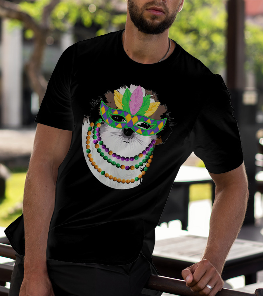 Funny Shih Tzu Mardi Gras Beads Necklace Mask With Colorful Feathered Mask T-Shirt