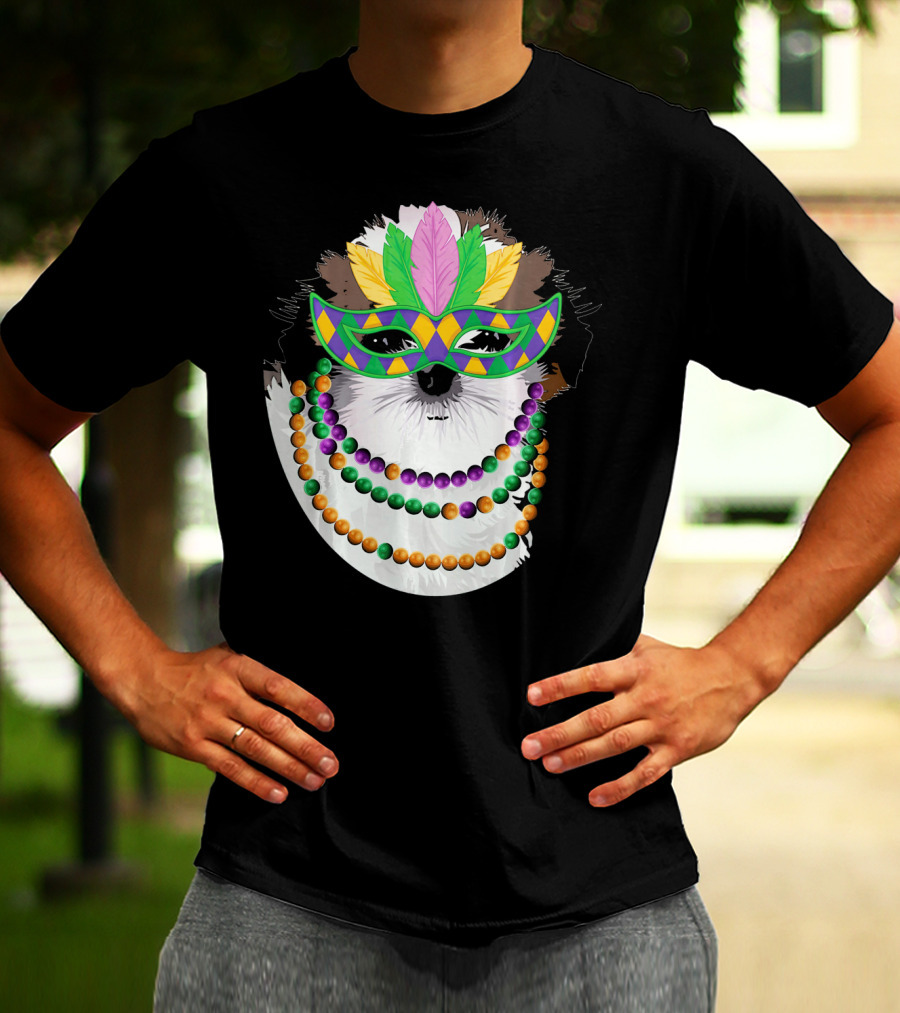 Funny Shih Tzu Mardi Gras Beads Necklace Mask With Colorful Feathered Mask T-Shirt