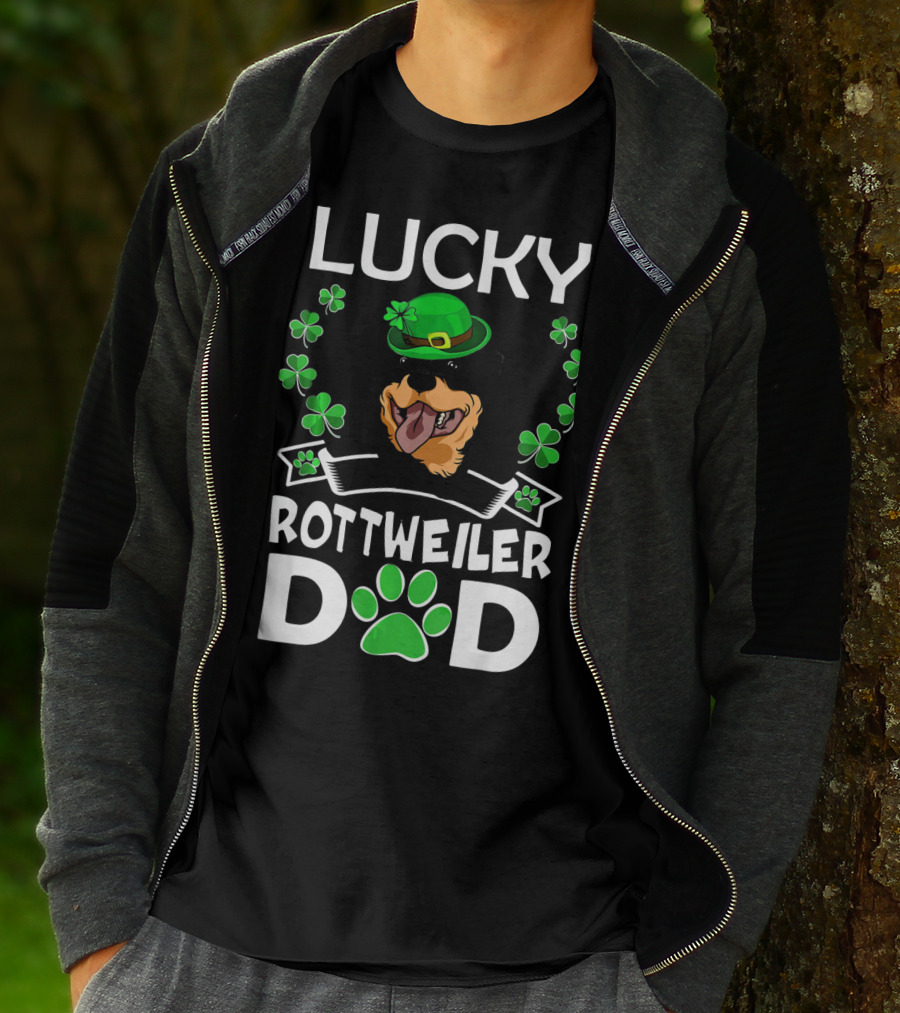 Lucky Rottweiler Dad St Patricks Day Shamrocks And Green Hat T-Shirt