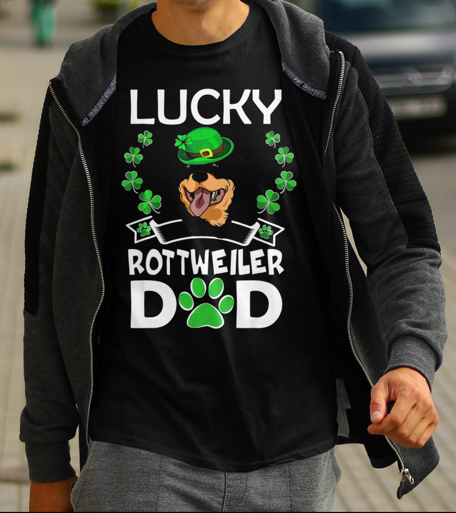 Lucky Rottweiler Dad St Patricks Day Shamrocks And Green Hat T-Shirt