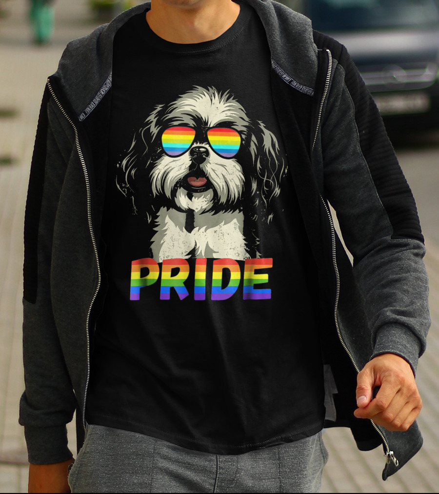 Pride Shih Tzu With Gay Pride Flag Sunglasses For Dog Lovers T-Shirt
