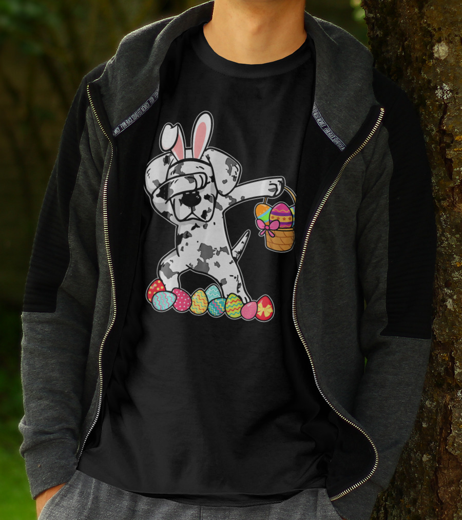 Great Dane Dabbing Easter Bunny With Egg Basket And Colorful Hunting Eggs T-Shirt
