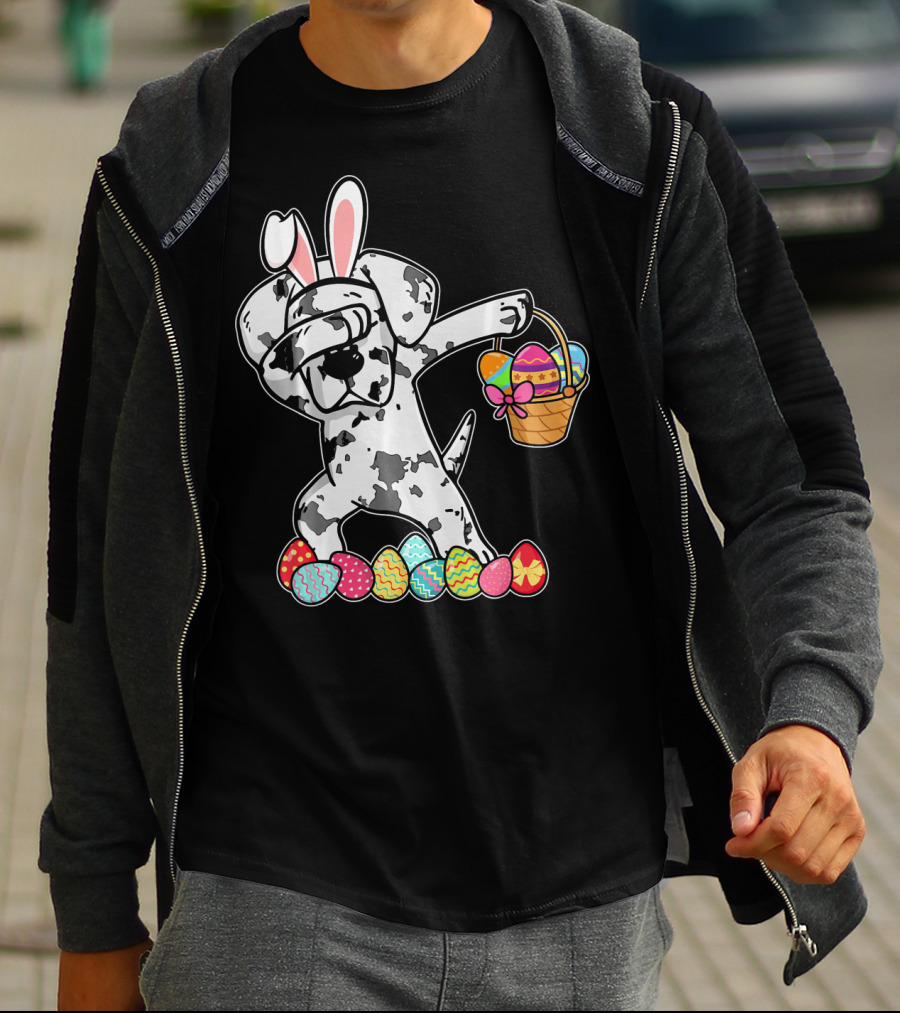 Great Dane Dabbing Easter Bunny With Egg Basket And Colorful Hunting Eggs T-Shirt