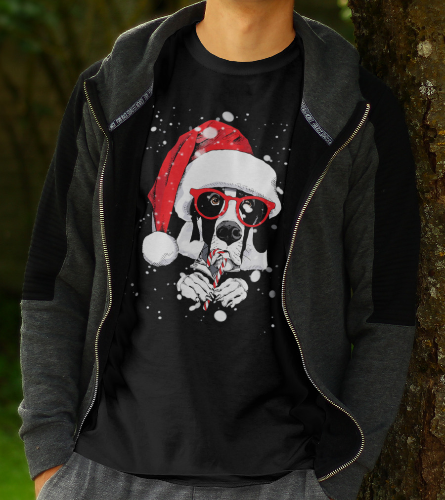 Great Dane Licking Candy Cane With Santa Xmas Hat And Red Glasses Snowflakes T-Shirt