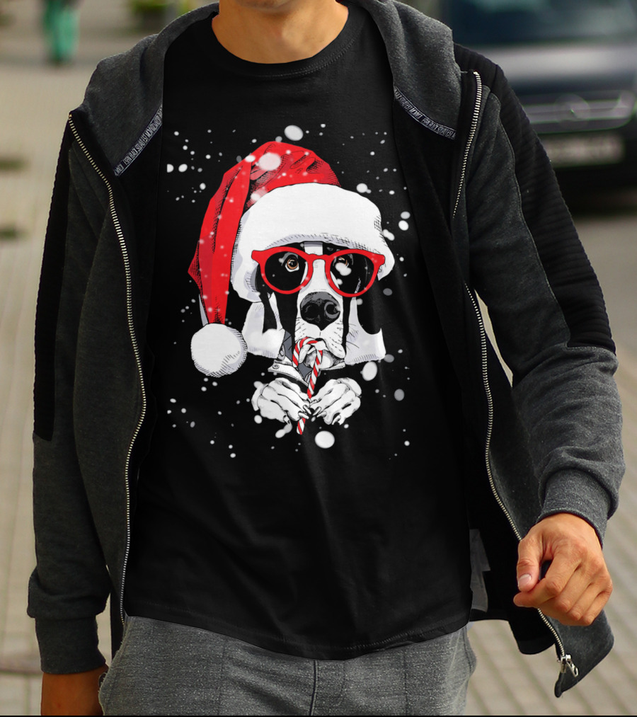 Great Dane Licking Candy Cane With Santa Xmas Hat And Red Glasses Snowflakes T-Shirt