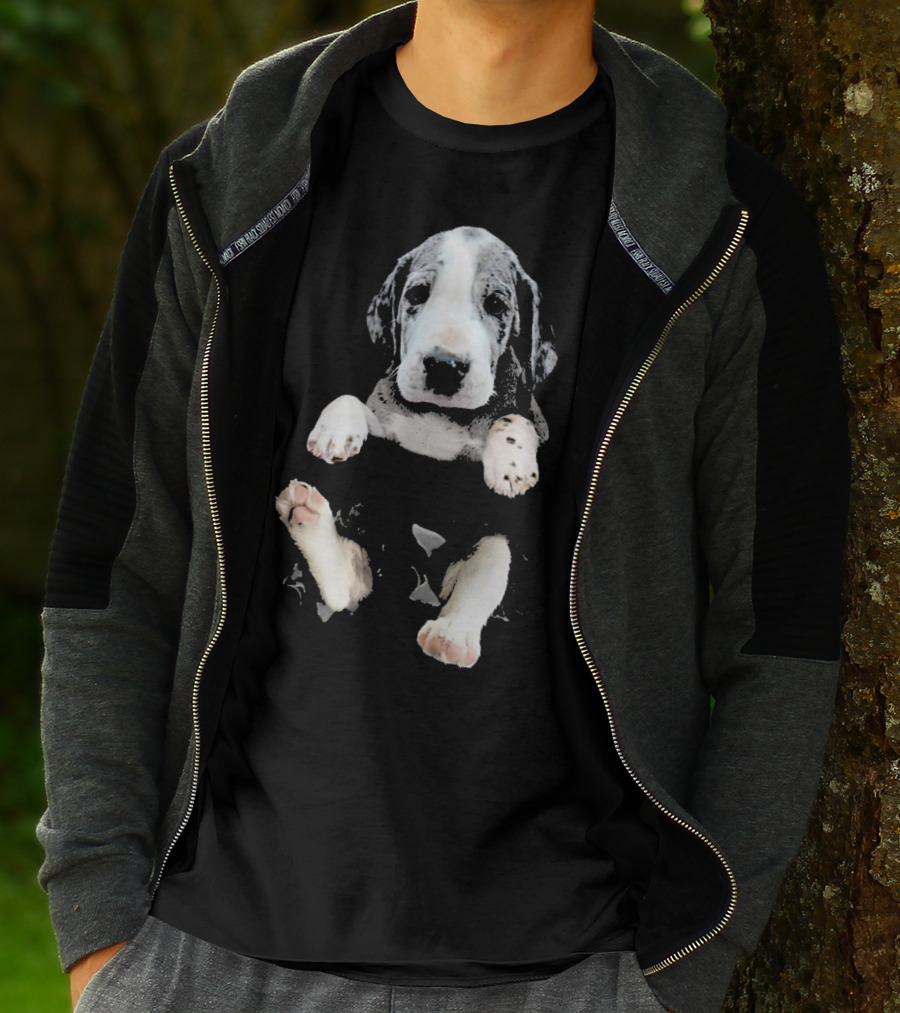 Great Dane Puppy Peeking Out Of Pocket T-Shirt