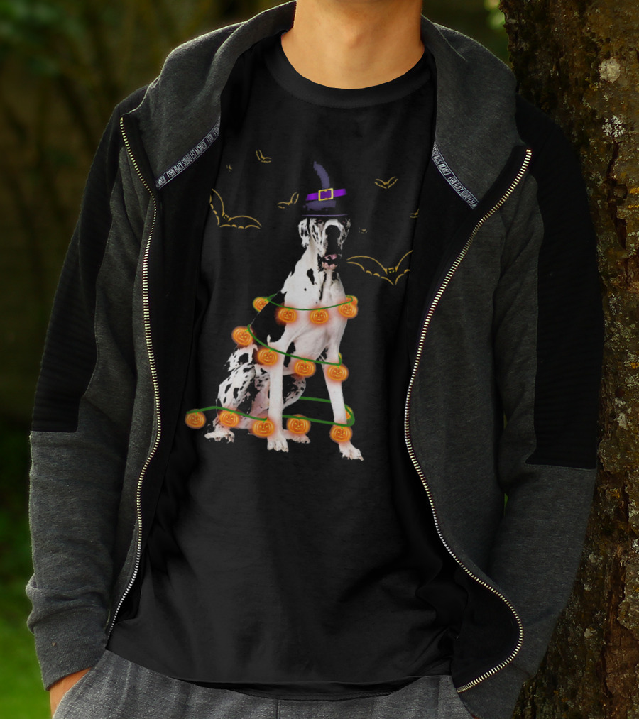 Great Dane Witch Hat Pumpkin Lights Bats Halloween Kids Funny T-Shirt