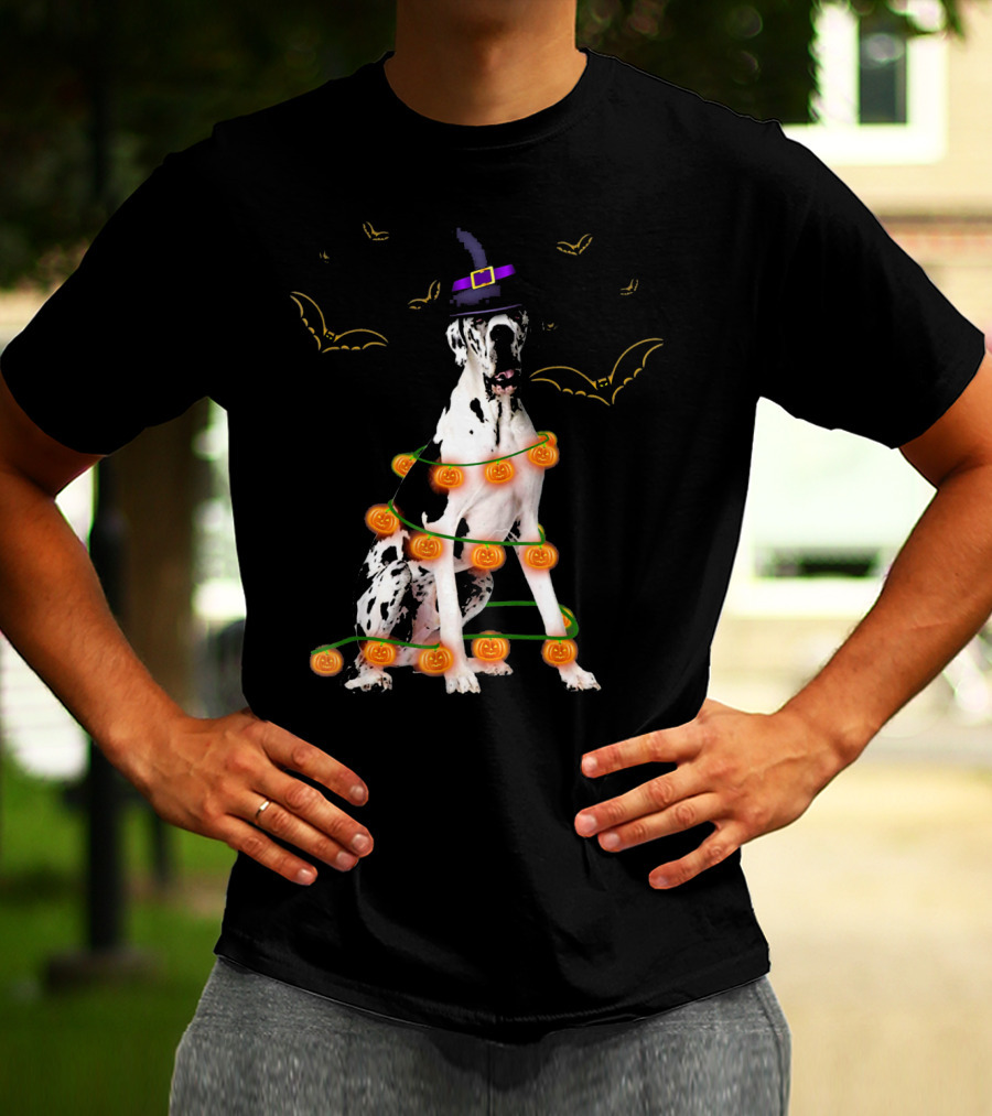 Great Dane Witch Hat Pumpkin Lights Bats Halloween Kids Funny T-Shirt