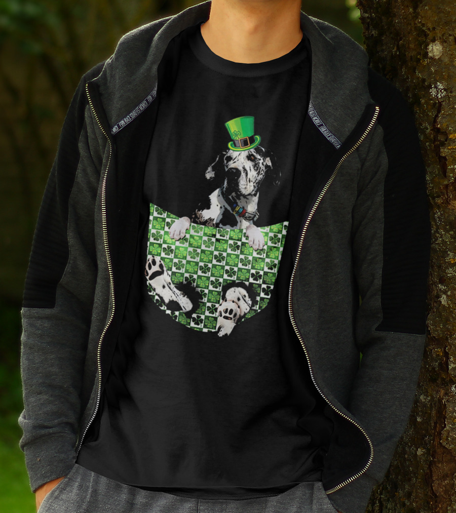 Great Dane In Pocket With Green Shamrock Patrick Hat T-Shirt