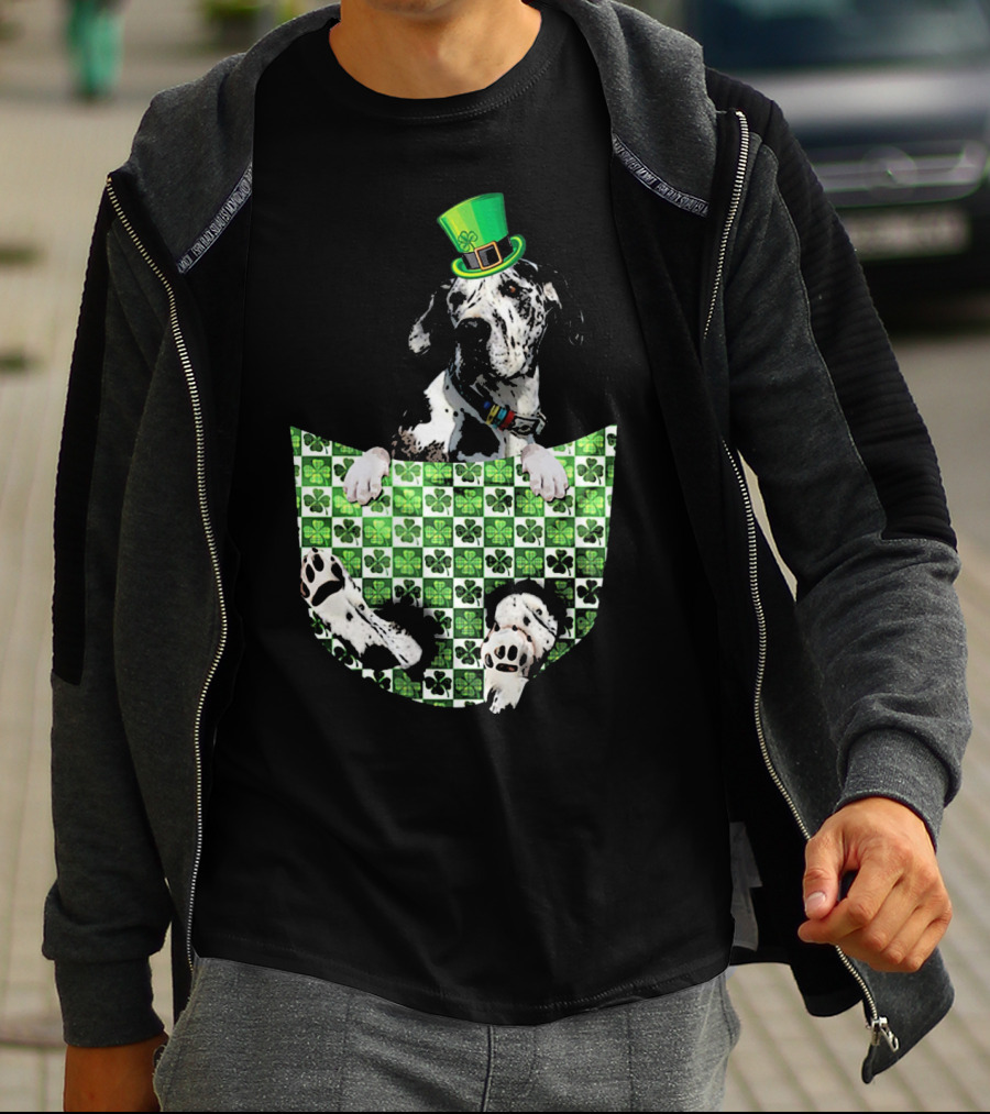 Great Dane In Pocket With Green Shamrock Patrick Hat T-Shirt