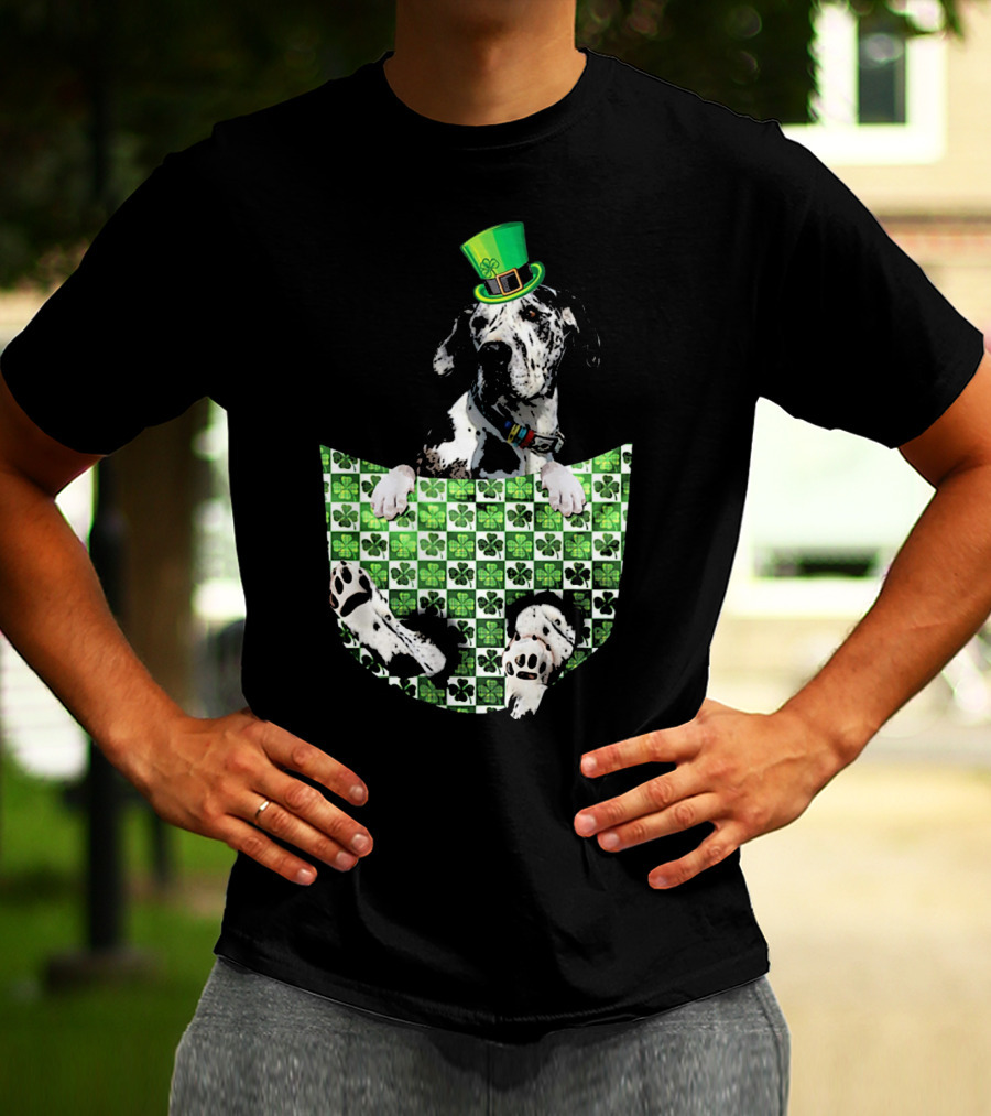 Great Dane In Pocket With Green Shamrock Patrick Hat T-Shirt