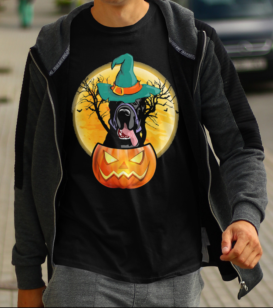 Great Dane Halloween Pumpkin Witch Hat Spooky Scene T-Shirt