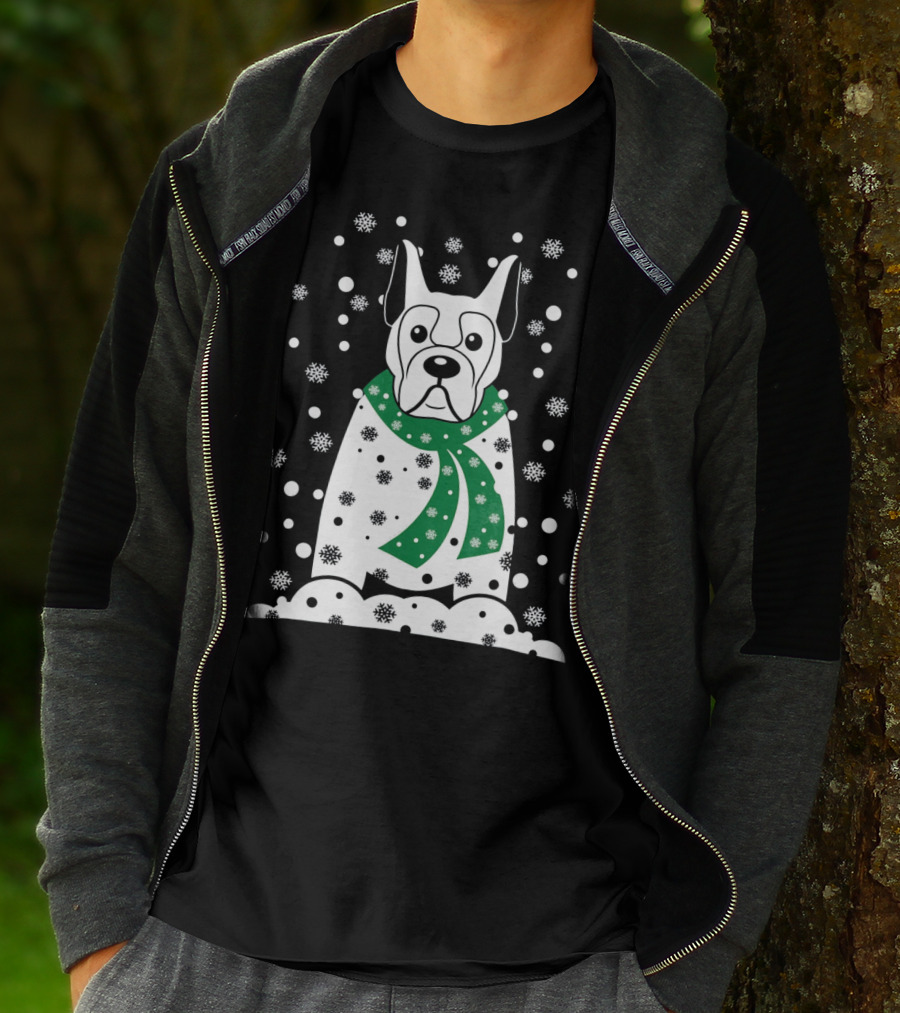 Great Dane Snowman With Green Scarf And Falling Snowflakes T-Shirt
