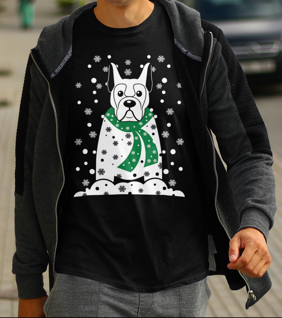 Great Dane Snowman With Green Scarf And Falling Snowflakes T-Shirt
