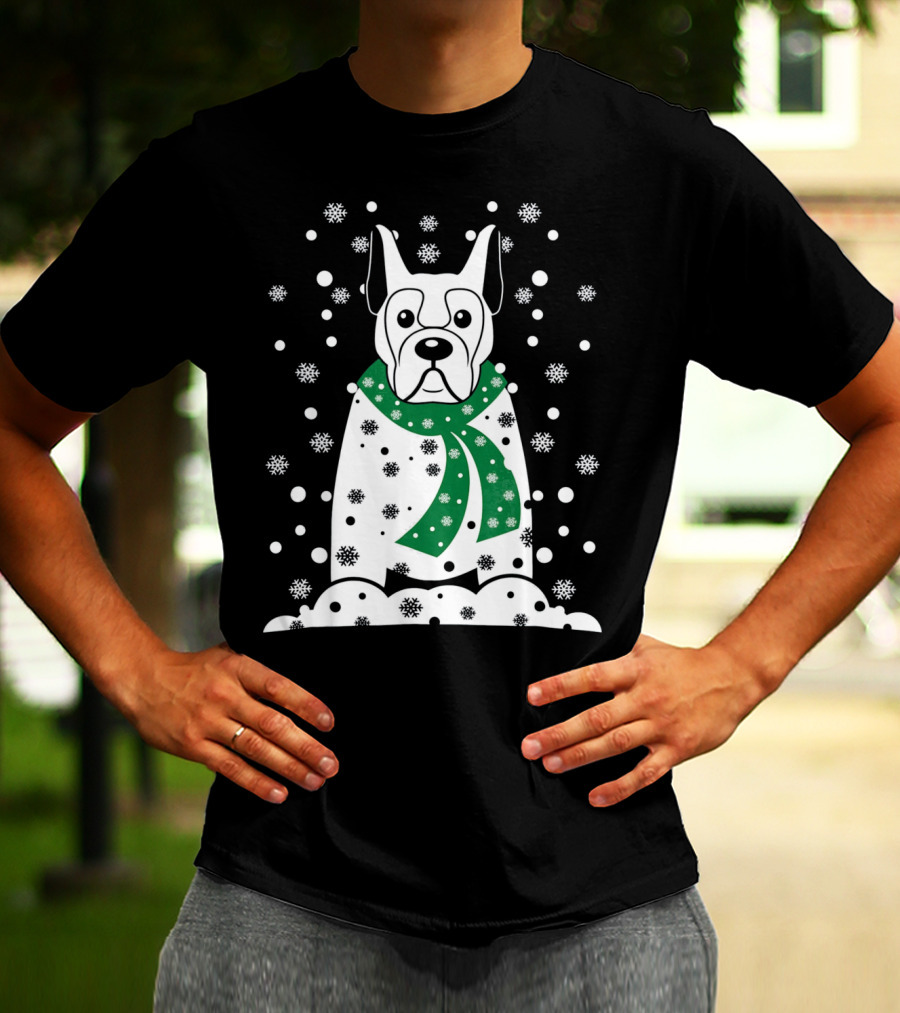 Great Dane Snowman With Green Scarf And Falling Snowflakes T-Shirt
