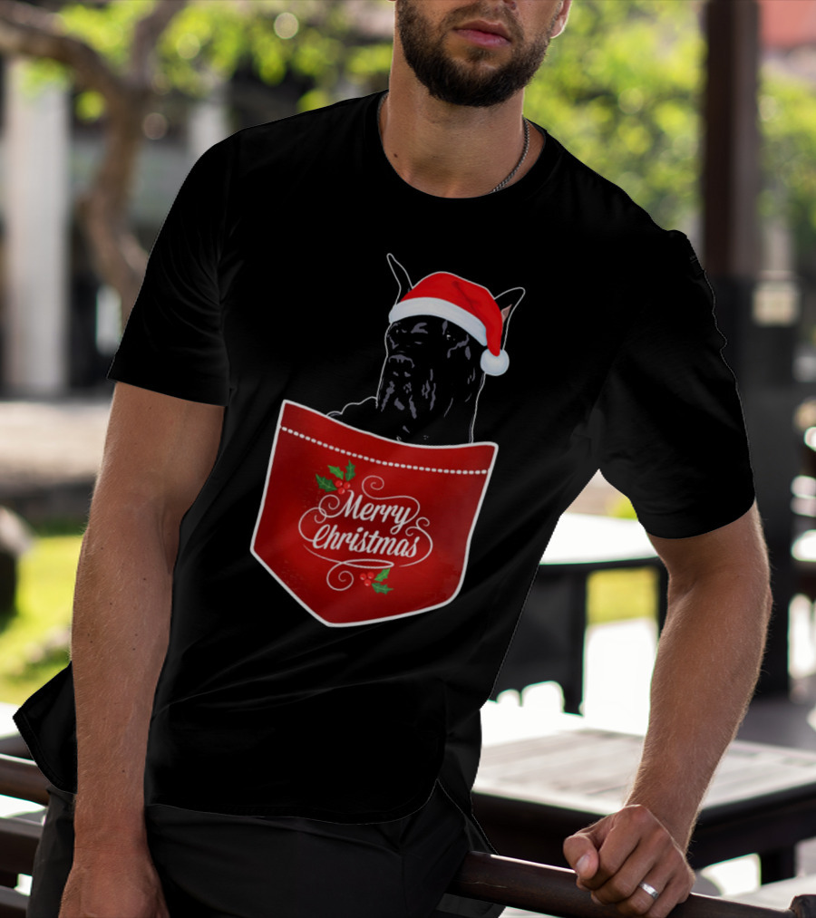 Great Dane In Santa Hat With Merry Christmas Pocket T-Shirt