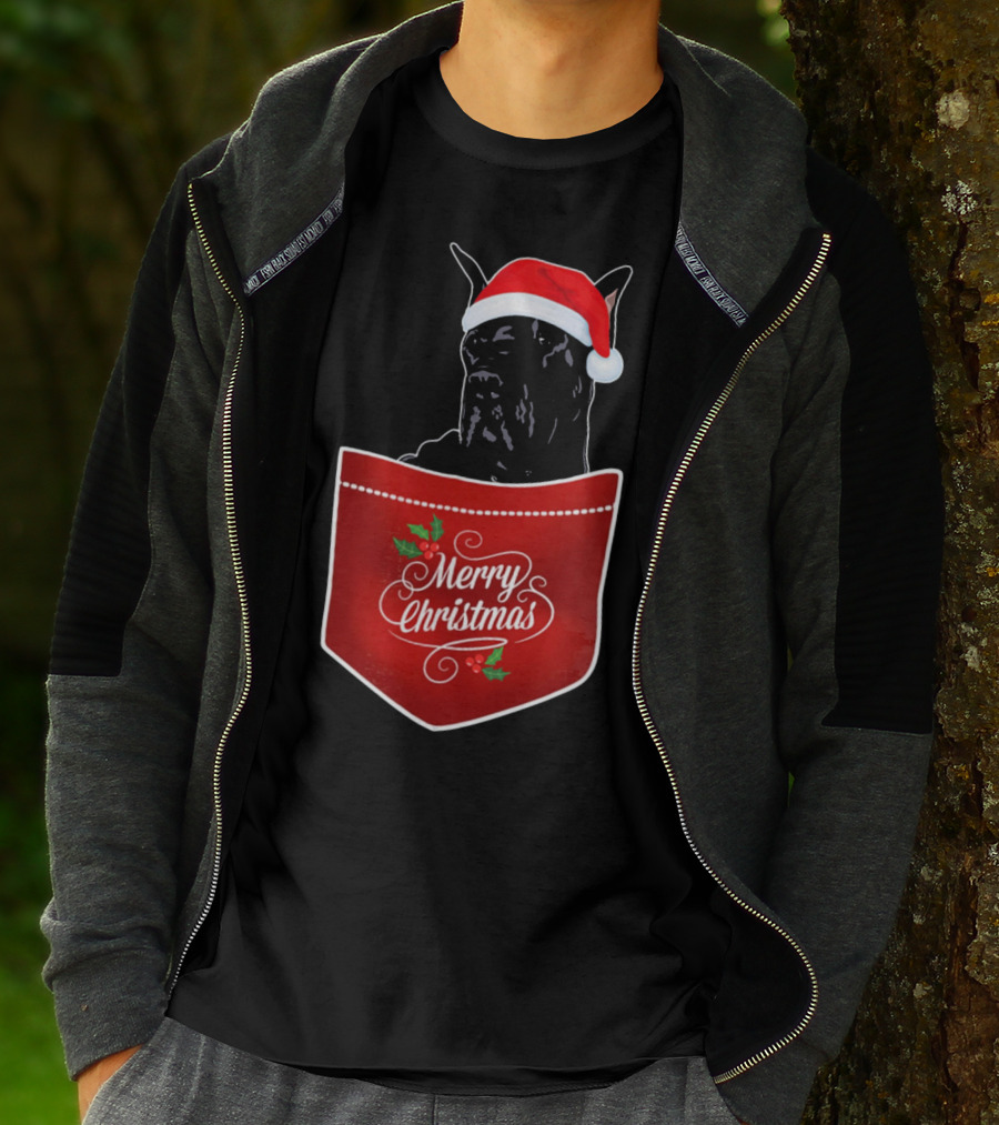 Great Dane In Santa Hat With Merry Christmas Pocket T-Shirt