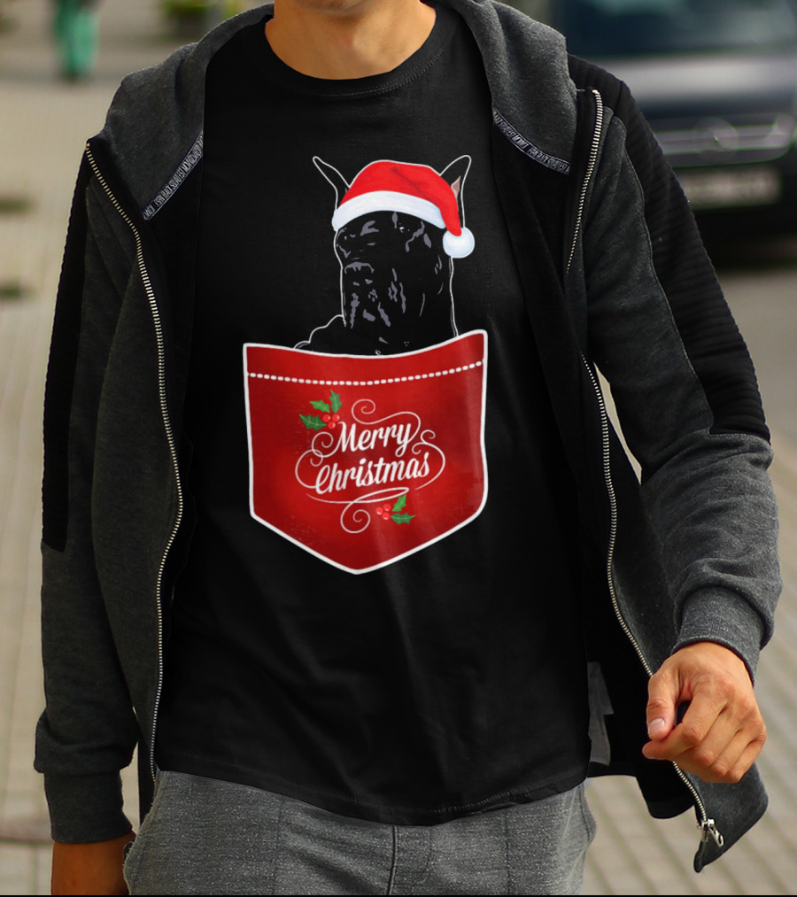 Great Dane In Santa Hat With Merry Christmas Pocket T-Shirt