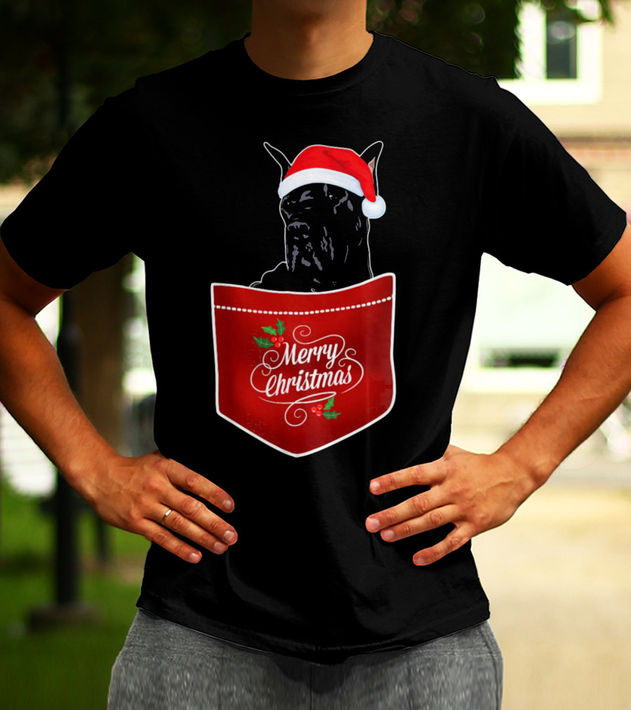 Great Dane In Santa Hat With Merry Christmas Pocket T-Shirt