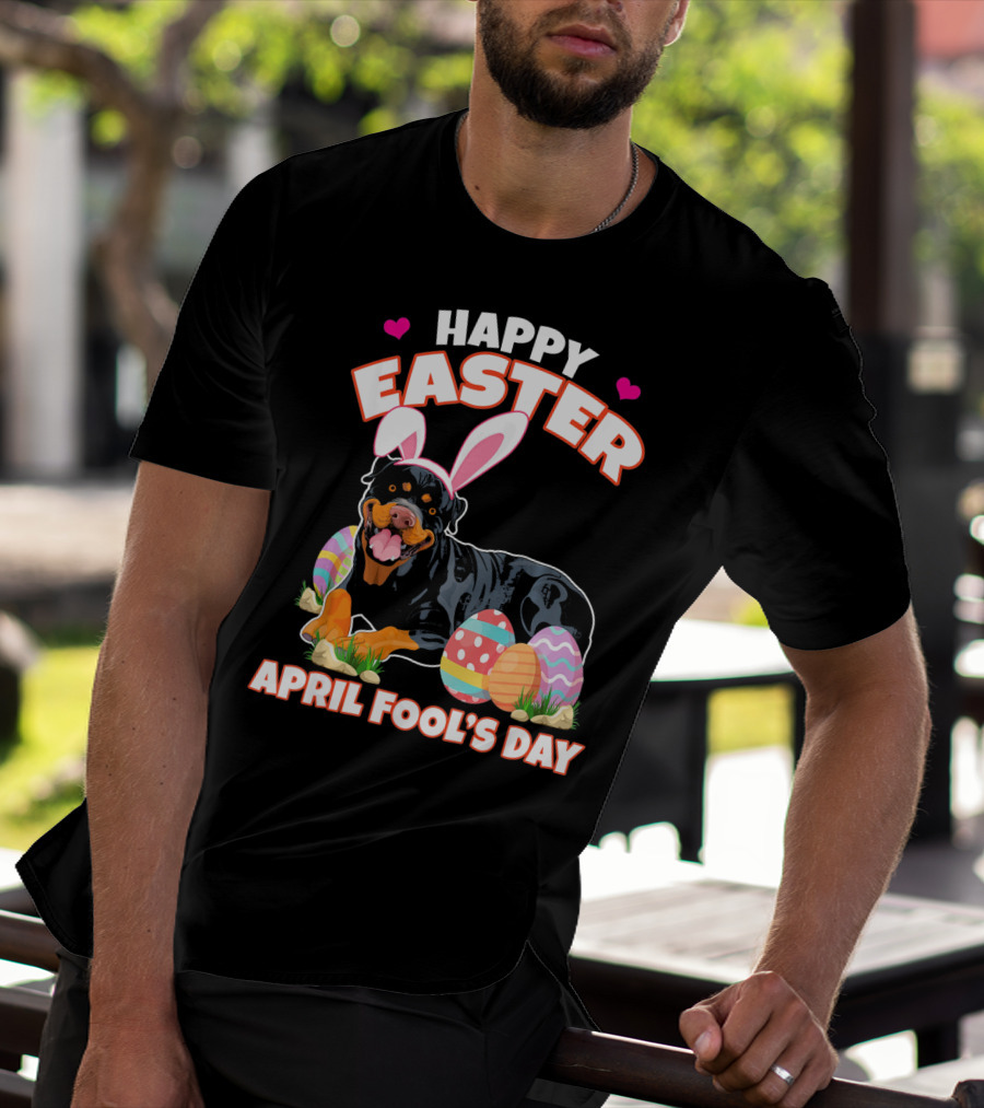 Happy Easter April Fool's Day Funny Rottweiler With Bunny Ears And Colorful Eggs T-Shirt