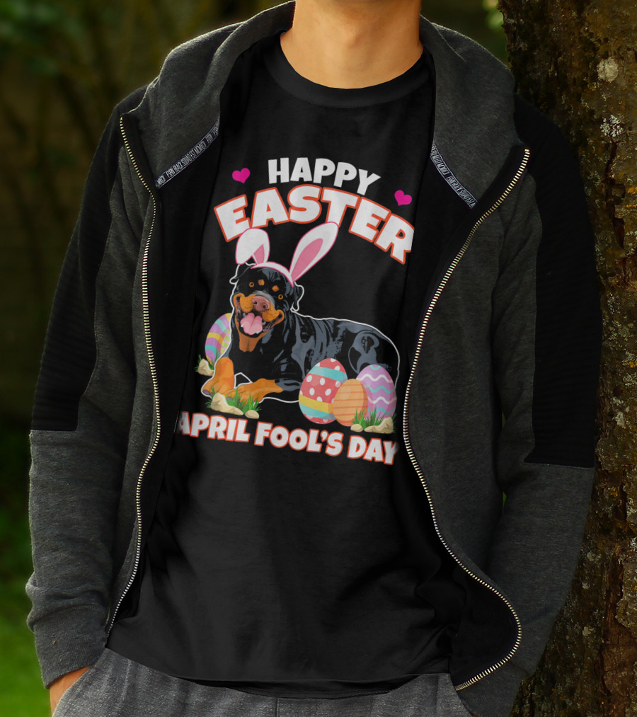Happy Easter April Fool's Day Funny Rottweiler With Bunny Ears And Colorful Eggs T-Shirt