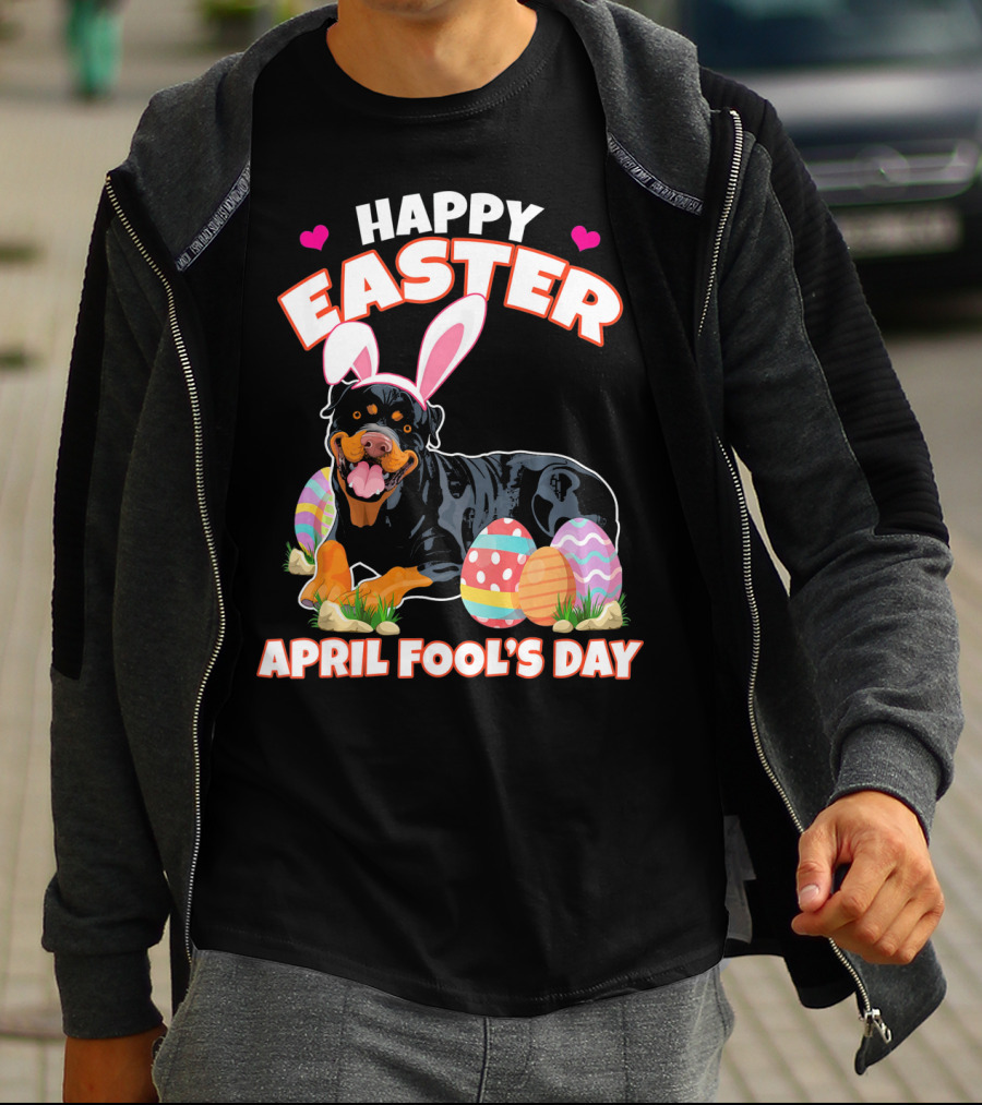Happy Easter April Fool's Day Funny Rottweiler With Bunny Ears And Colorful Eggs T-Shirt