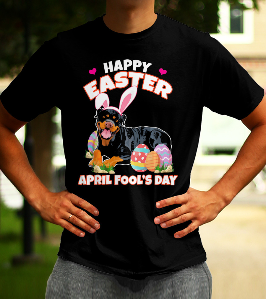 Happy Easter April Fool's Day Funny Rottweiler With Bunny Ears And Colorful Eggs T-Shirt