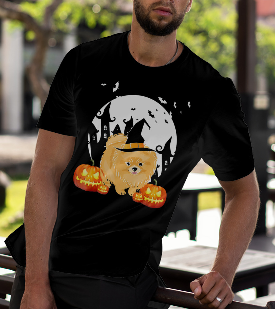 Happy Halloween Little Witch Pomeranian Dog With Pumpkins And Haunted House T-Shirt