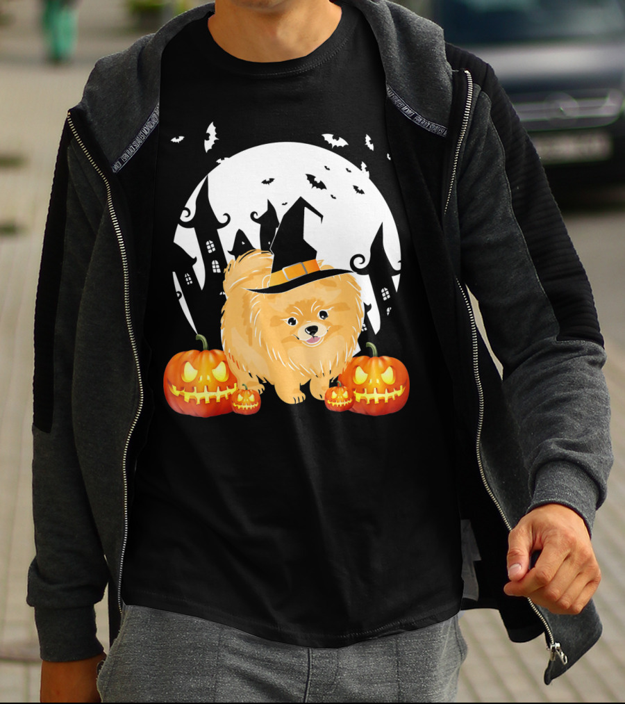 Happy Halloween Little Witch Pomeranian Dog With Pumpkins And Haunted House T-Shirt