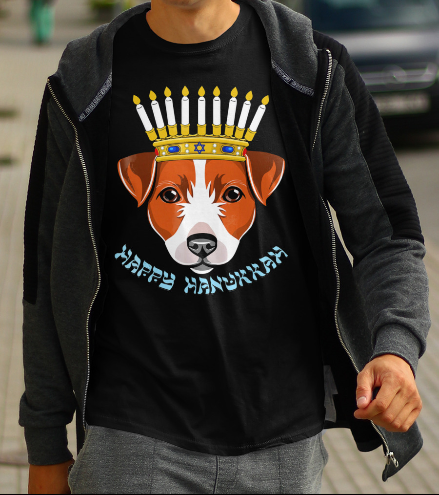 Happy Hanukkah Jack Russell Menorah Hat Candle T-Shirt