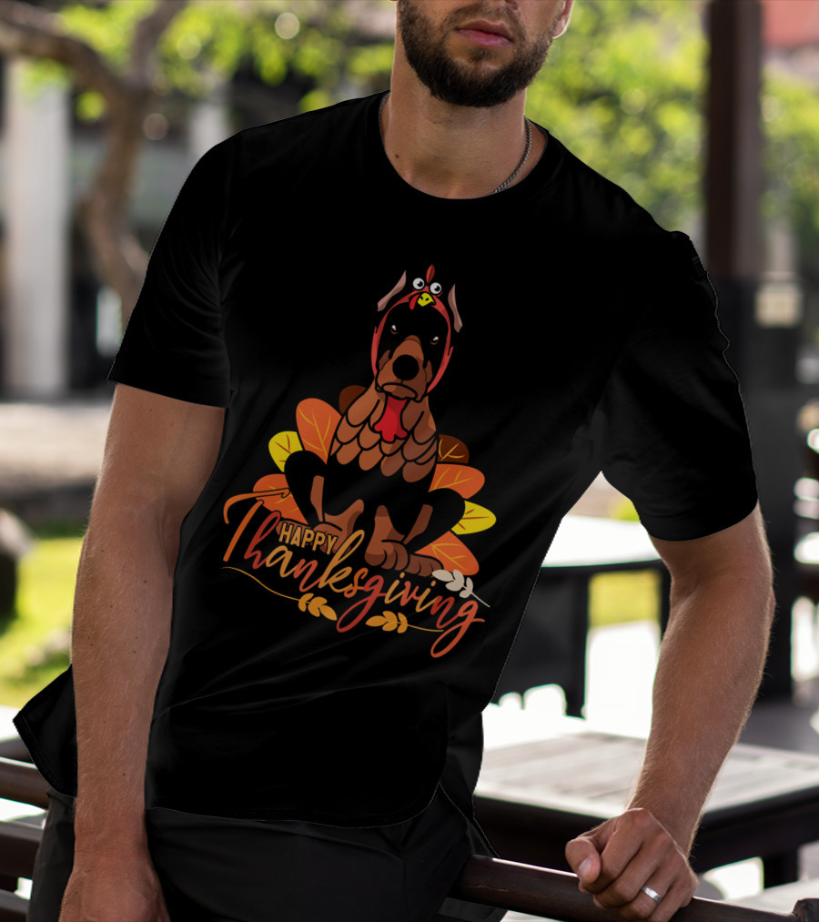 Happy Thanksgiving Doberman Pinscher Turkey Autumn Leaves T-Shirt