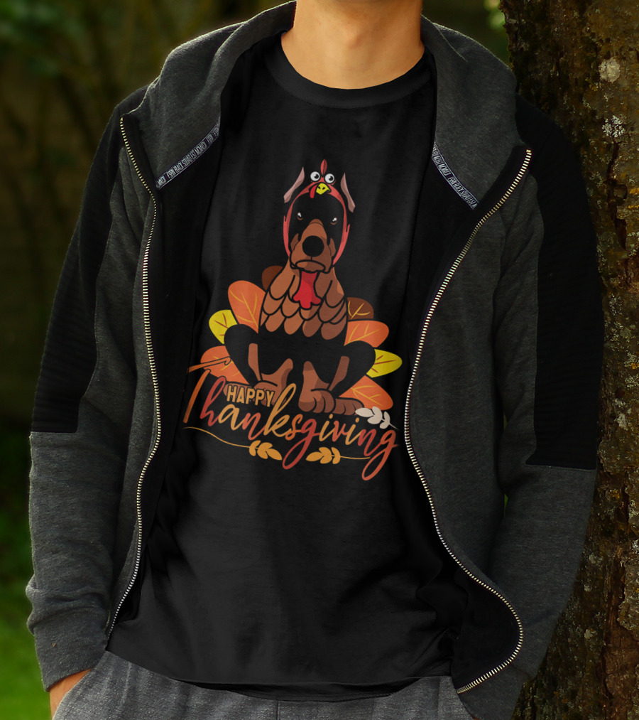 Happy Thanksgiving Doberman Pinscher Turkey Autumn Leaves T-Shirt