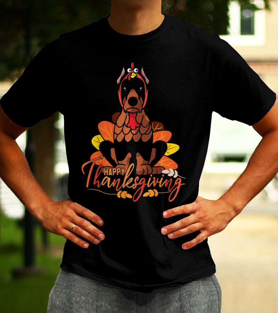 Happy Thanksgiving Doberman Pinscher Turkey Autumn Leaves T-Shirt