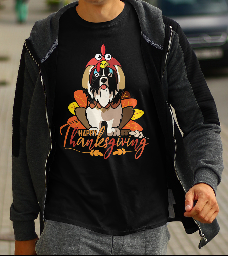 Happy Thanksgiving Shih Tzu In Turkey Costume With Leaves T-Shirt