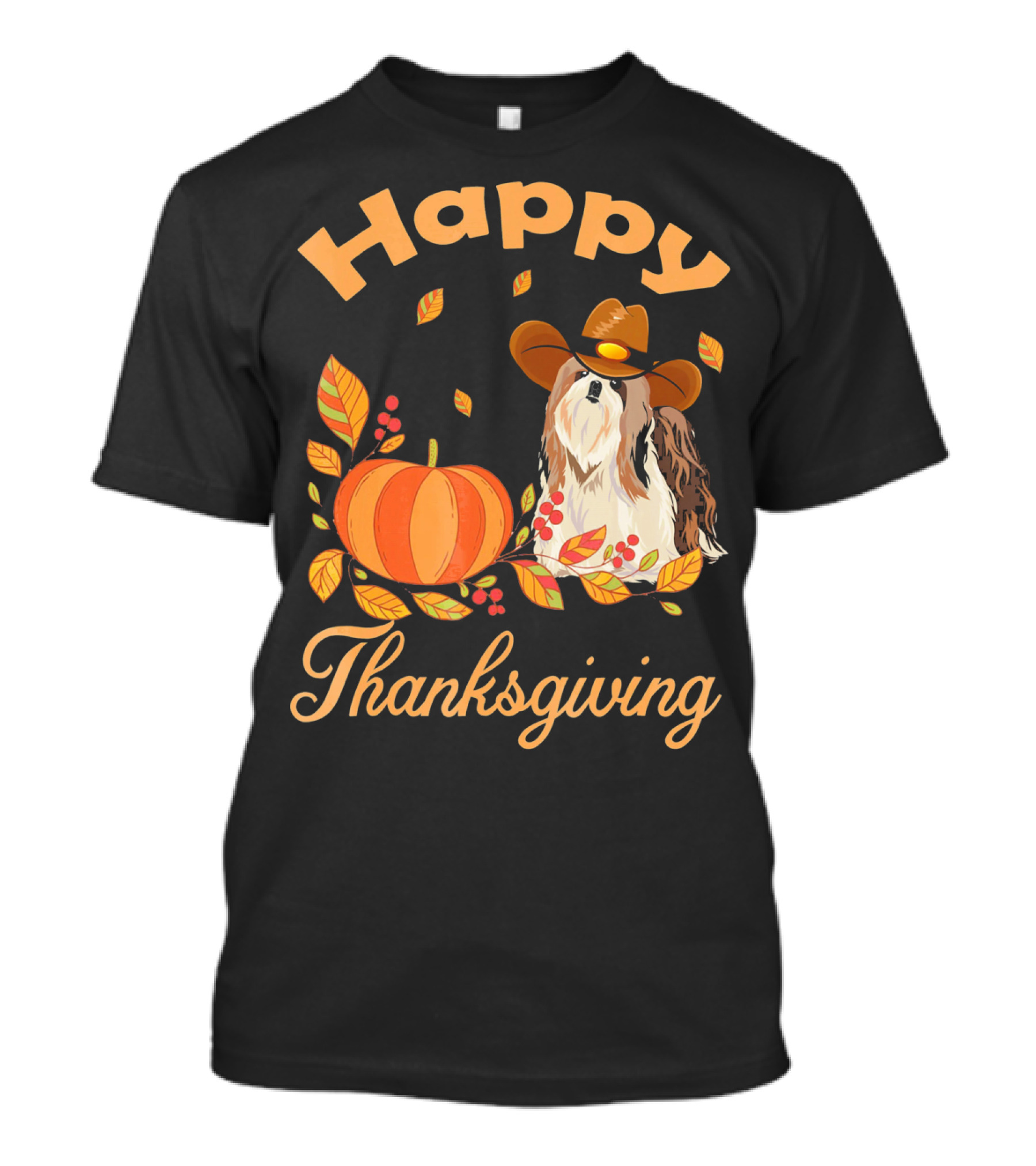 Happy Thanksgiving Shih Tzu Cowboy Pumpkin Leaves T-Shirt