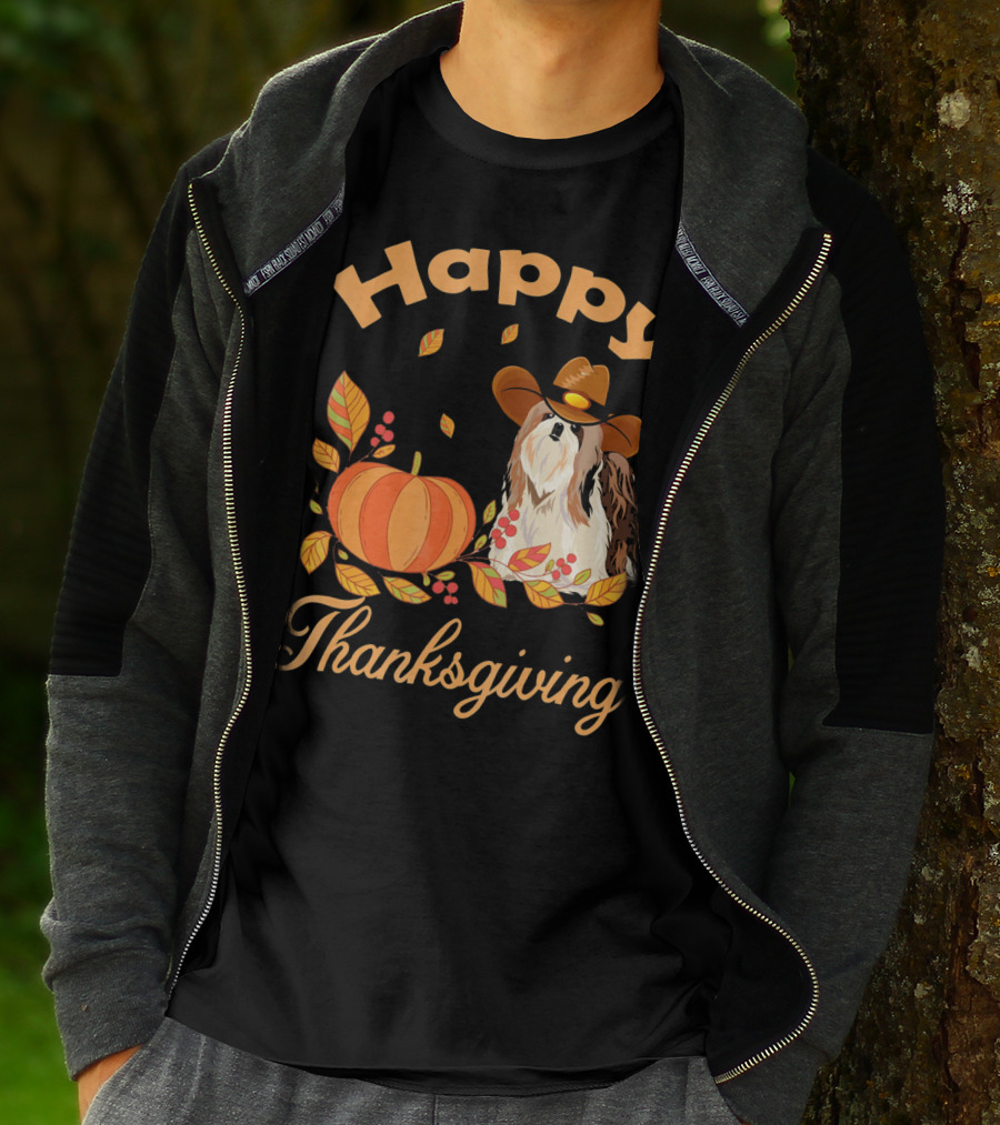 Happy Thanksgiving Shih Tzu Cowboy Pumpkin Leaves T-Shirt