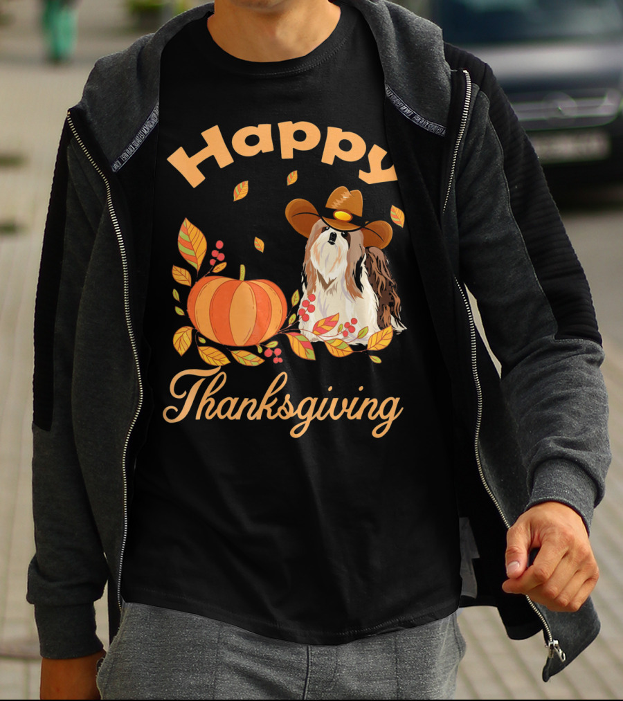 Happy Thanksgiving Shih Tzu Cowboy Pumpkin Leaves T-Shirt