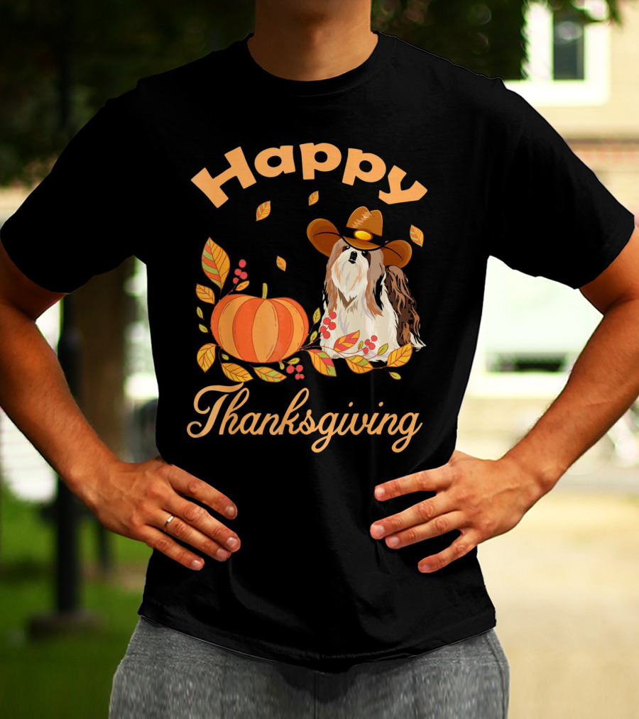 Happy Thanksgiving Shih Tzu Cowboy Pumpkin Leaves T-Shirt