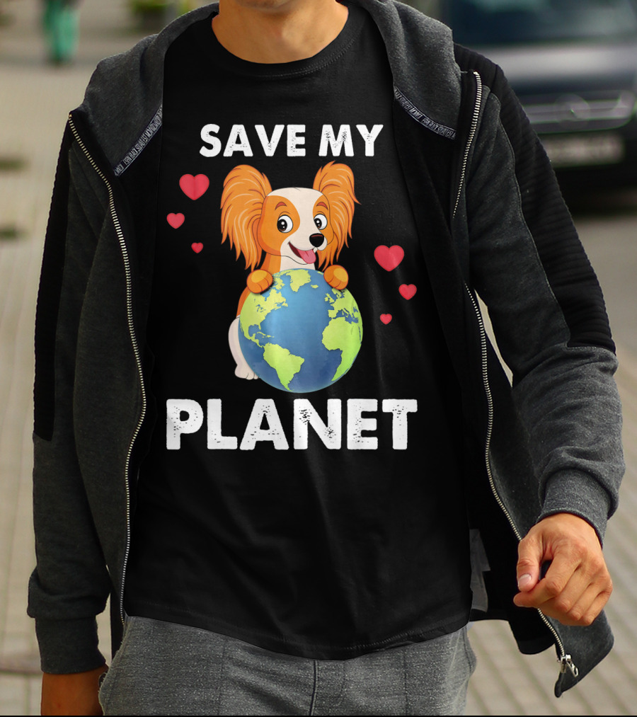 Hearts Papillon Dog Save My Planet Love Earth T-Shirt