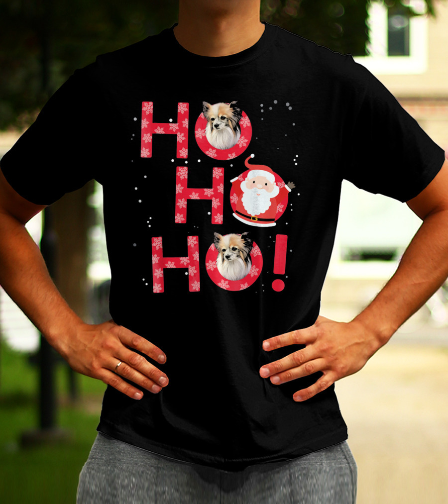 Ho Ho Ho Papillon Dog Santa's Laugh With Snowflakes T-Shirt