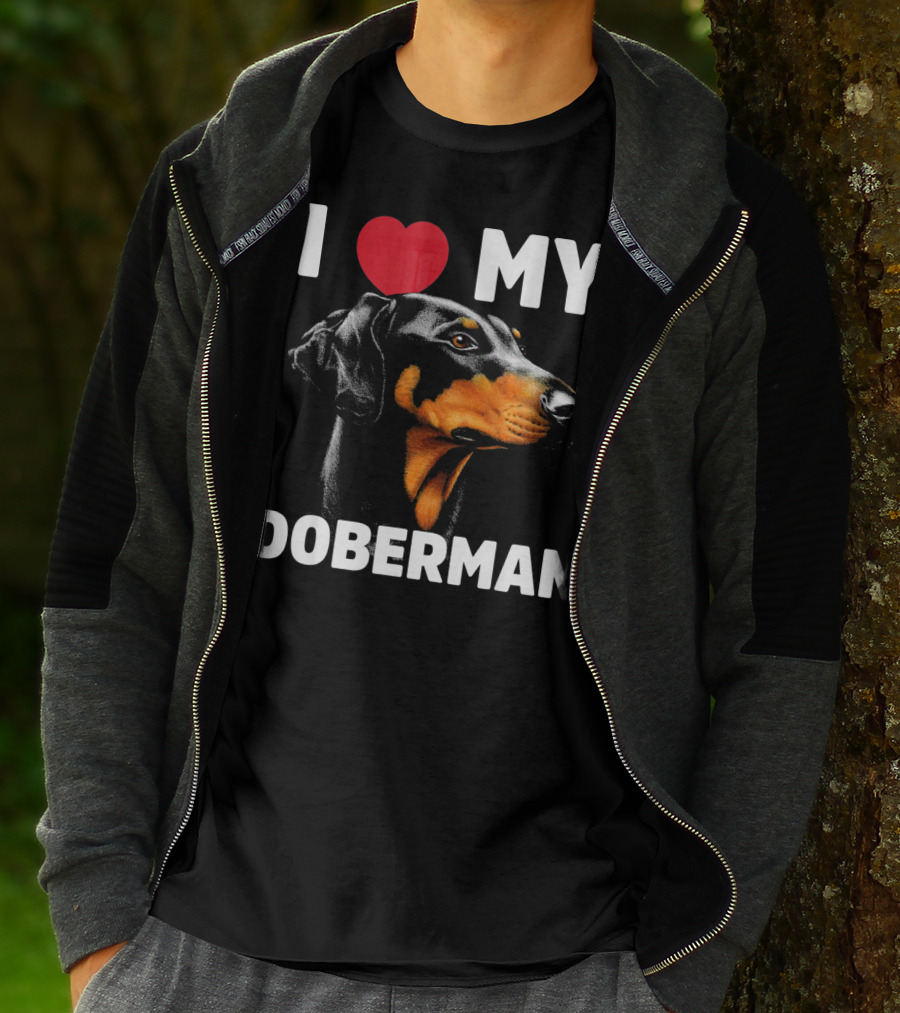 I Love My Doberman Heart Black Background Realistic T-Shirt