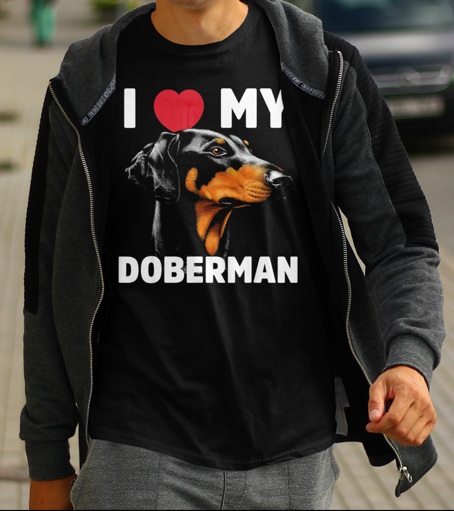 I Love My Doberman Heart Black Background Realistic T-Shirt