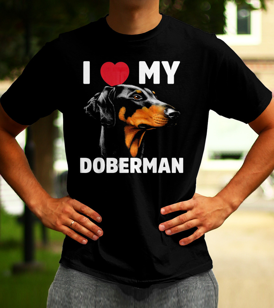 I Love My Doberman Heart Black Background Realistic T-Shirt
