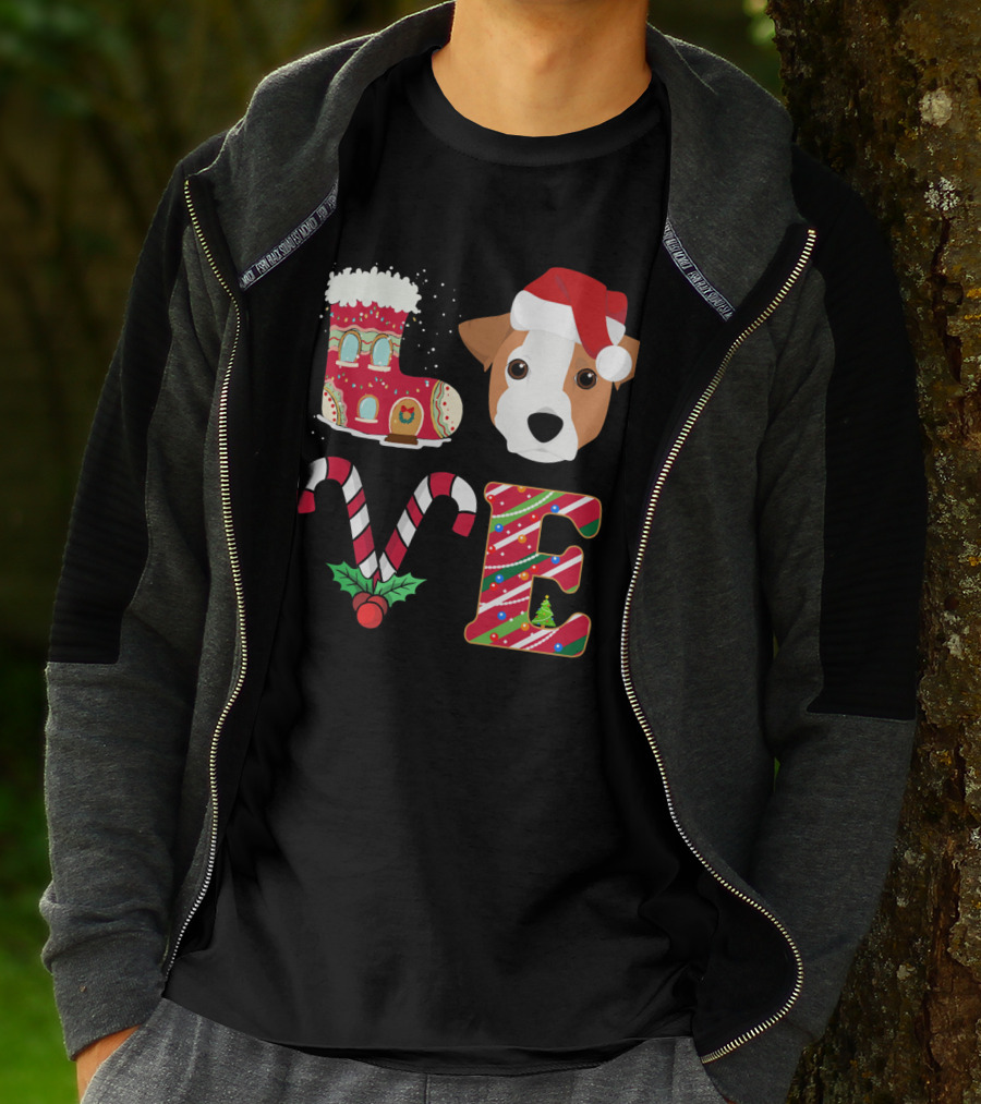 I Love My Jack Russell Terrier Christmas Holiday Santa Hat Candy Cane Gingerbread Boot T-Shirt