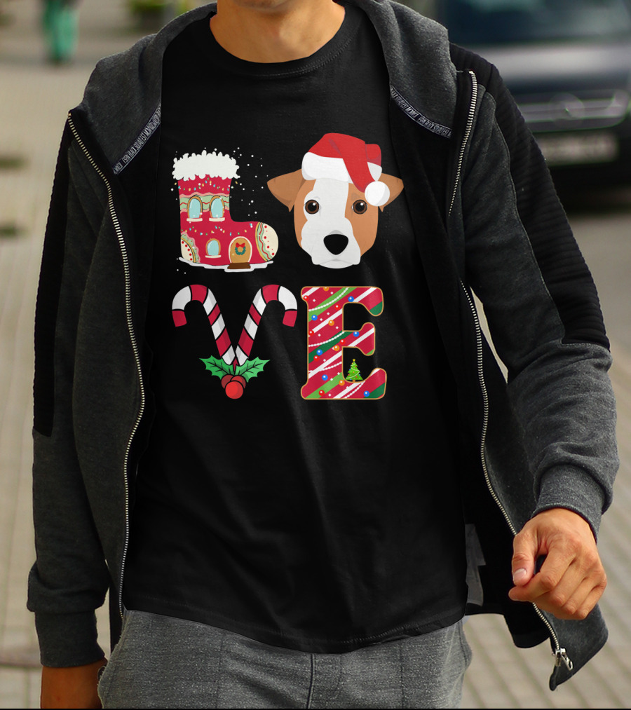 I Love My Jack Russell Terrier Christmas Holiday Santa Hat Candy Cane Gingerbread Boot T-Shirt