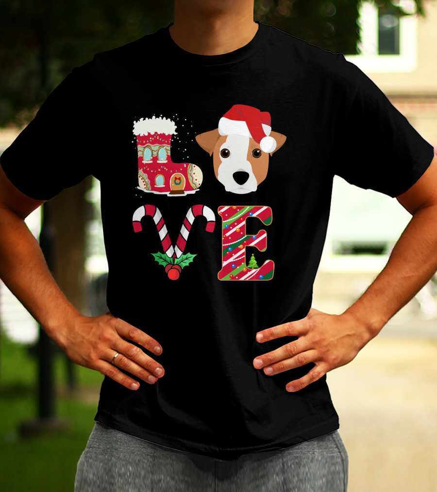 I Love My Jack Russell Terrier Christmas Holiday Santa Hat Candy Cane Gingerbread Boot T-Shirt