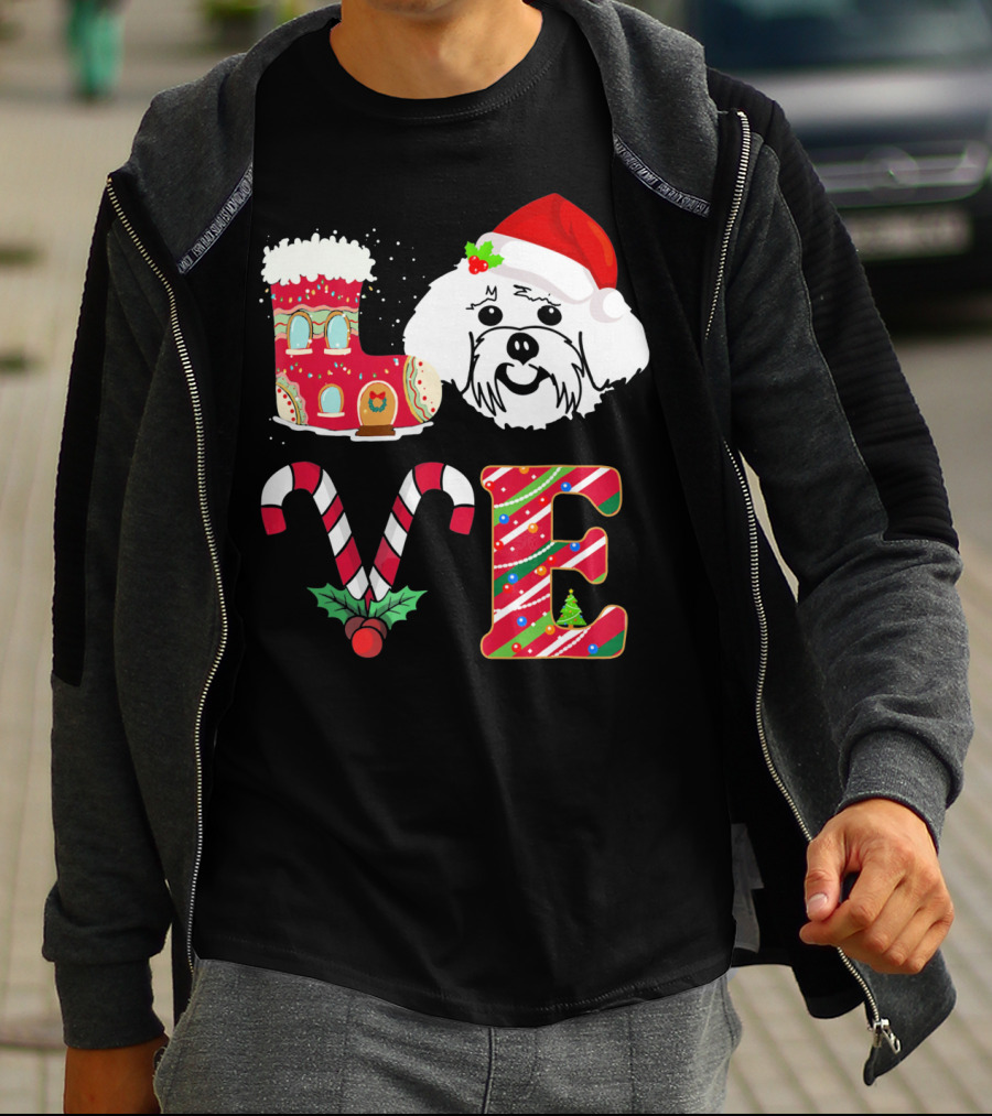 I Love My Maltese Christmas Candy Cane Gingerbread Santa Hat T-Shirt